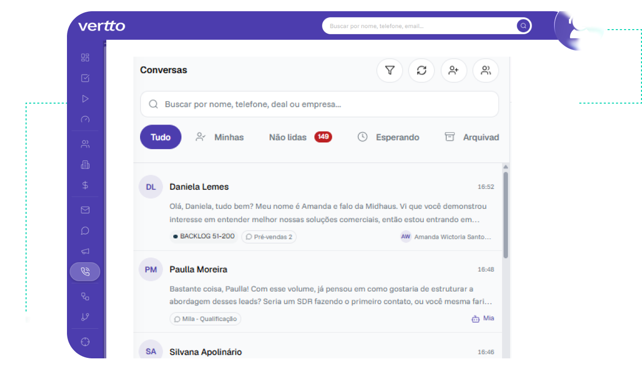 WhatsApp completo, dentro do CRM.